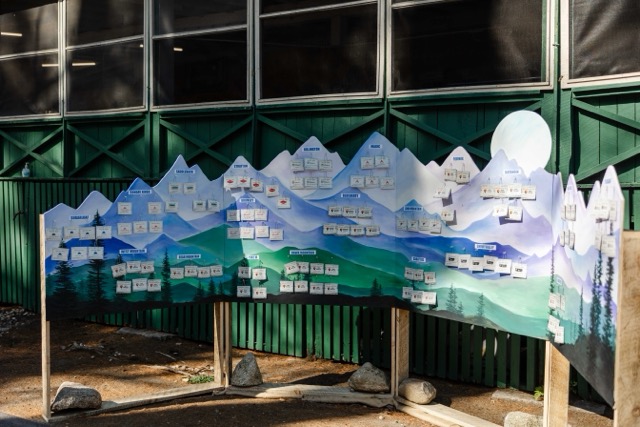 Hand-painted mountain landscape seating chart at Camp Wigwam, with guest cards arranged across painted peaks for a wedding reception